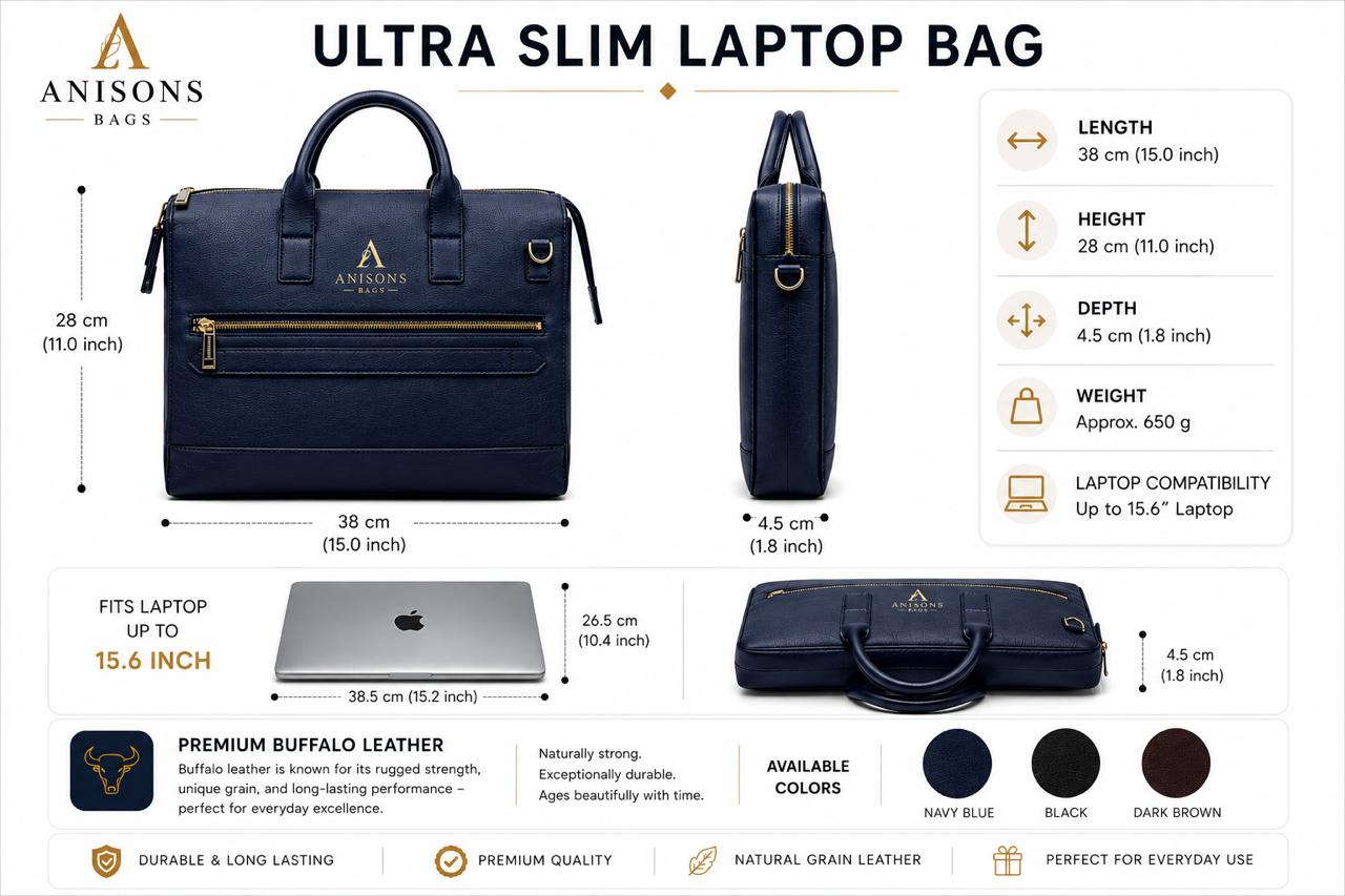 ANISONS Ultra Slim Navy Blue Laptop Bag - Image 2